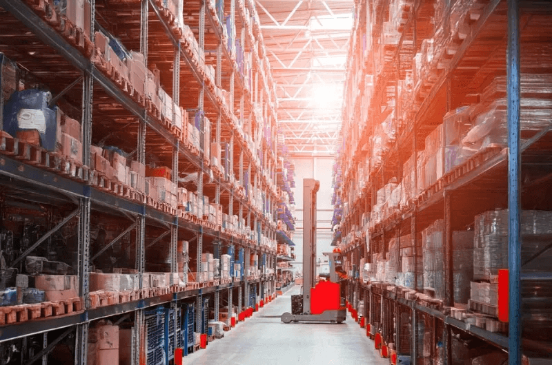 Warehouse shelves arranged for shipping and logistics operations